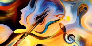 Inner Melody series. Backdrop of colorful human and musical shapes on the subject of spirituality of music and performing arts